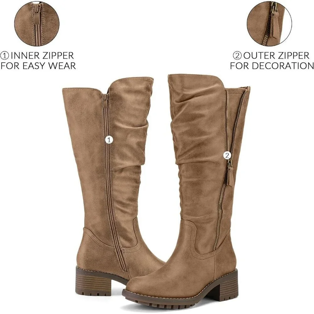 Women's Tan Mysoft Knee High Boots Chunky Heel Lug Sole Side Zipper 2 Inch